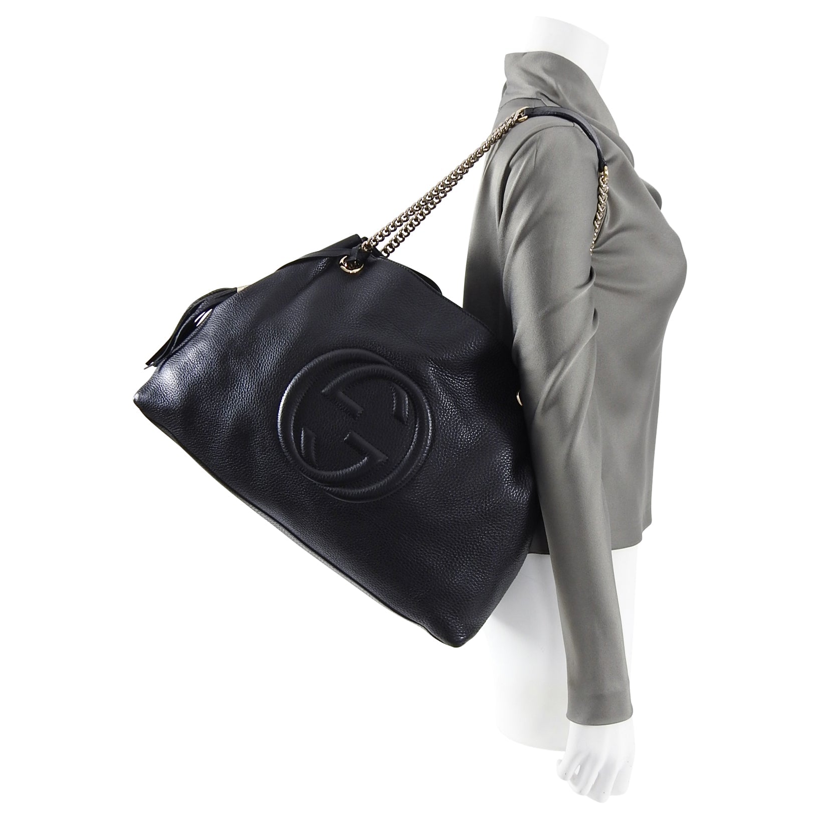 Gucci Black Leather Large GG Logo Soho Chain Tote Bag