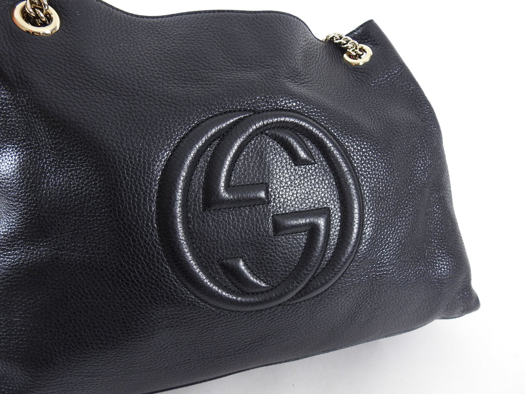 Gucci Black Leather Large GG Logo Soho Chain Tote Bag