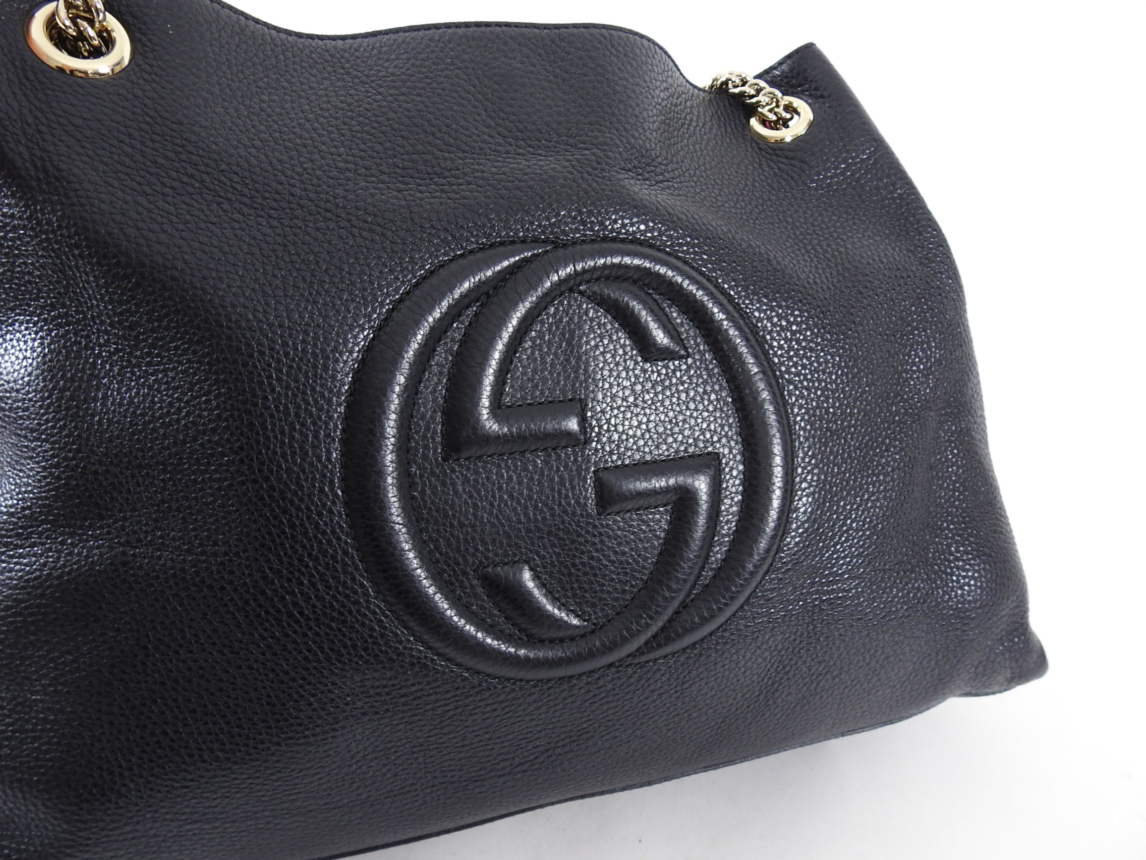 Gucci Black Leather Large GG Logo Soho Chain Tote Bag