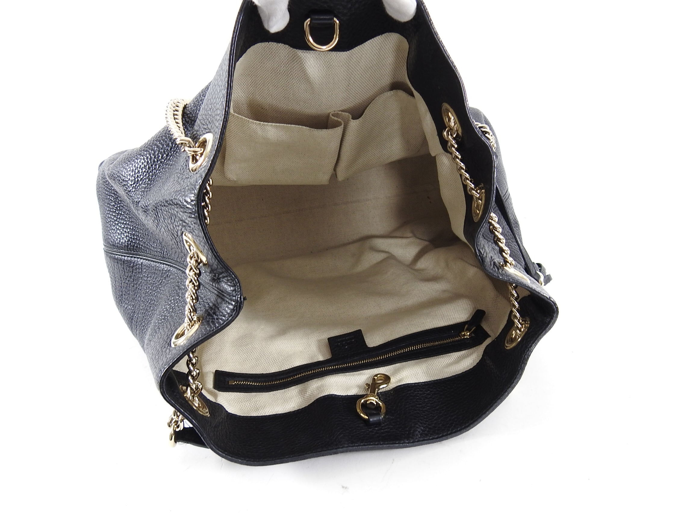 Gucci Black Leather Large GG Logo Soho Chain Tote Bag