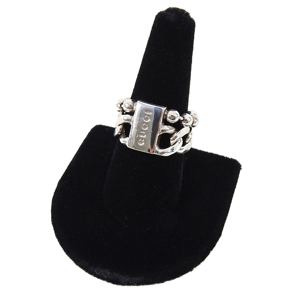 Gucci Sterling Silver Chain Logo Ring - 9