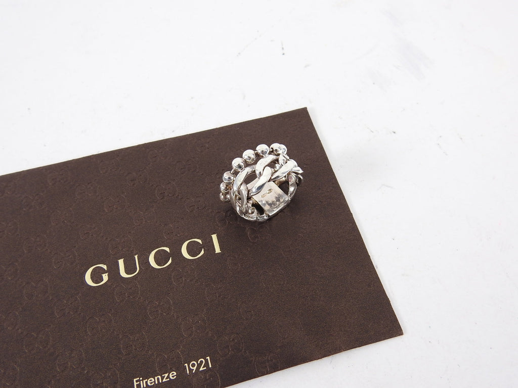 Gucci Sterling Silver Chain Logo Ring - 9