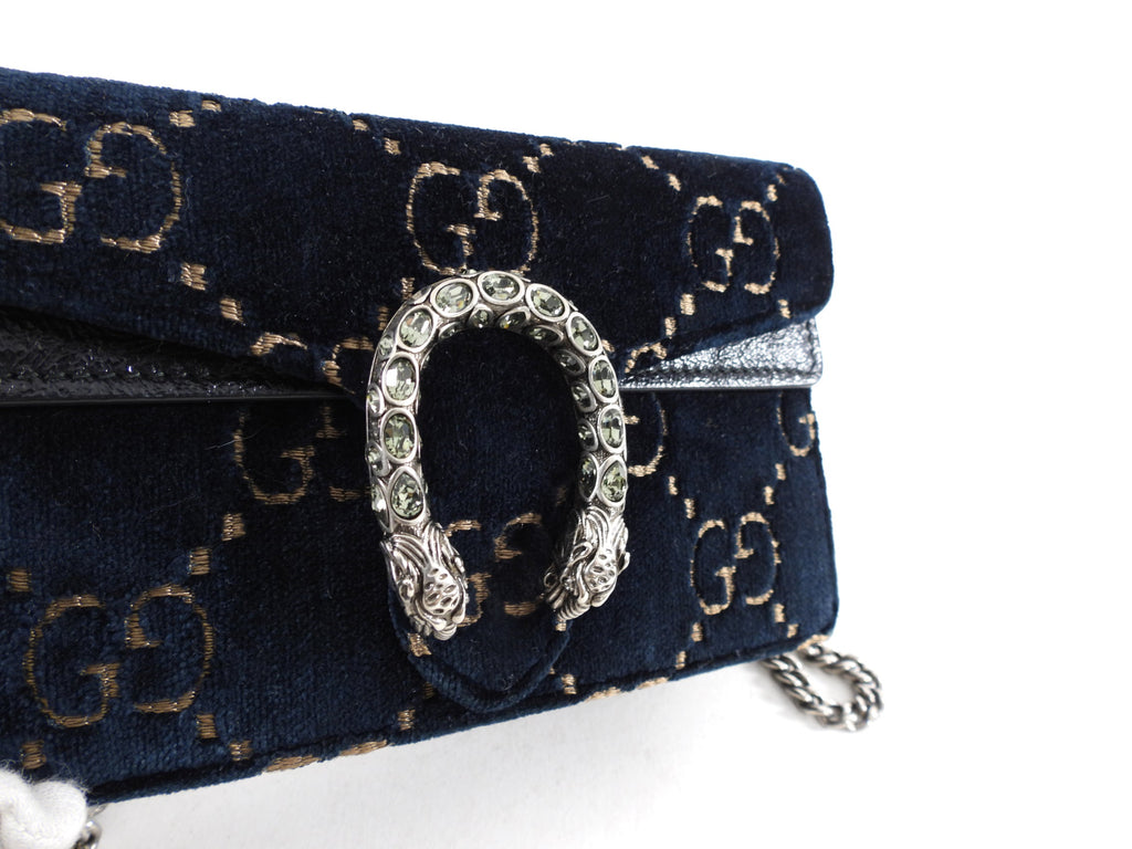Gucci Super Mini Dionysus Navy and Gold Velvet Crossbody Bag