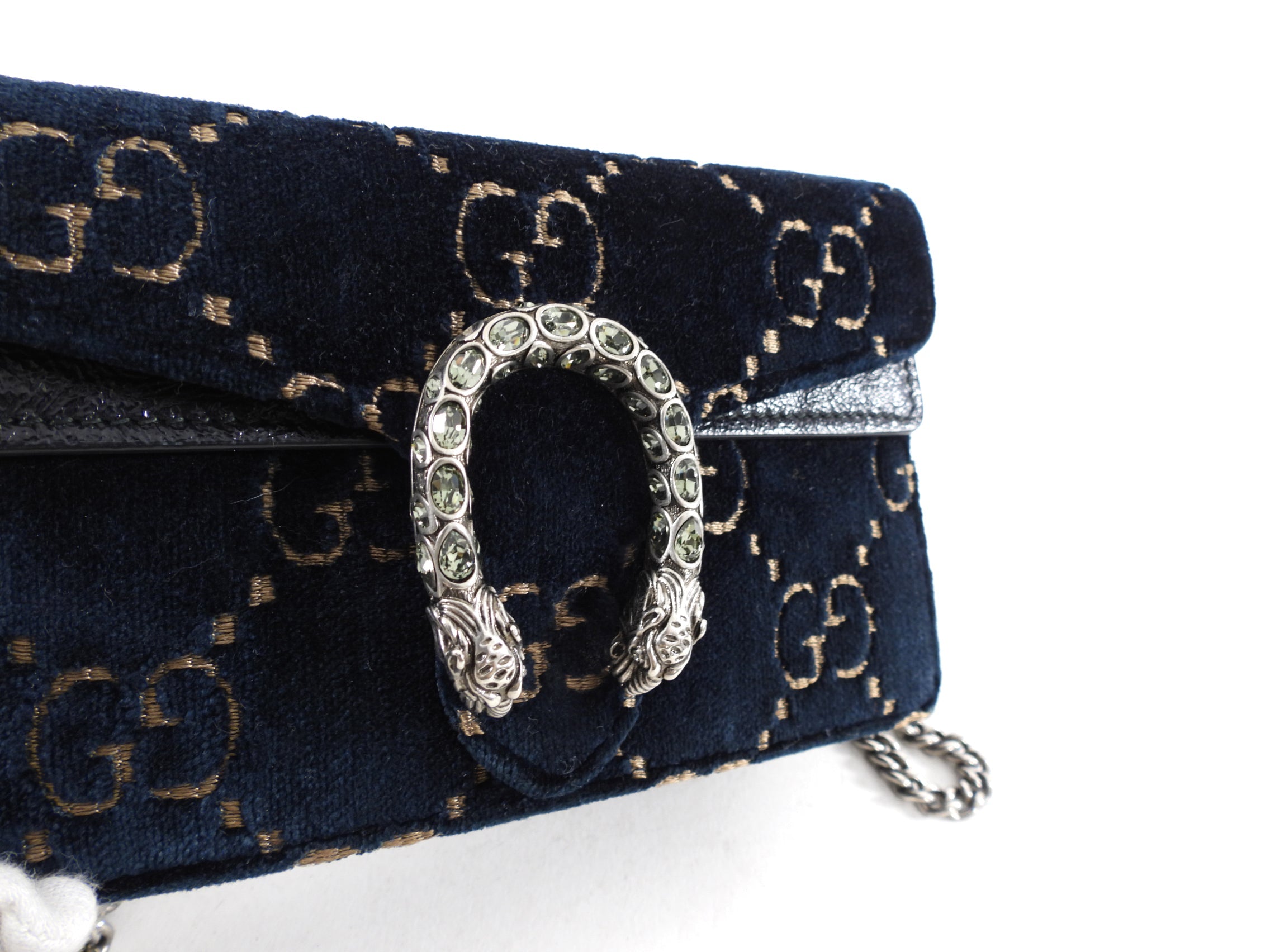 Gucci Super Mini Dionysus Navy and Gold Velvet Crossbody Bag