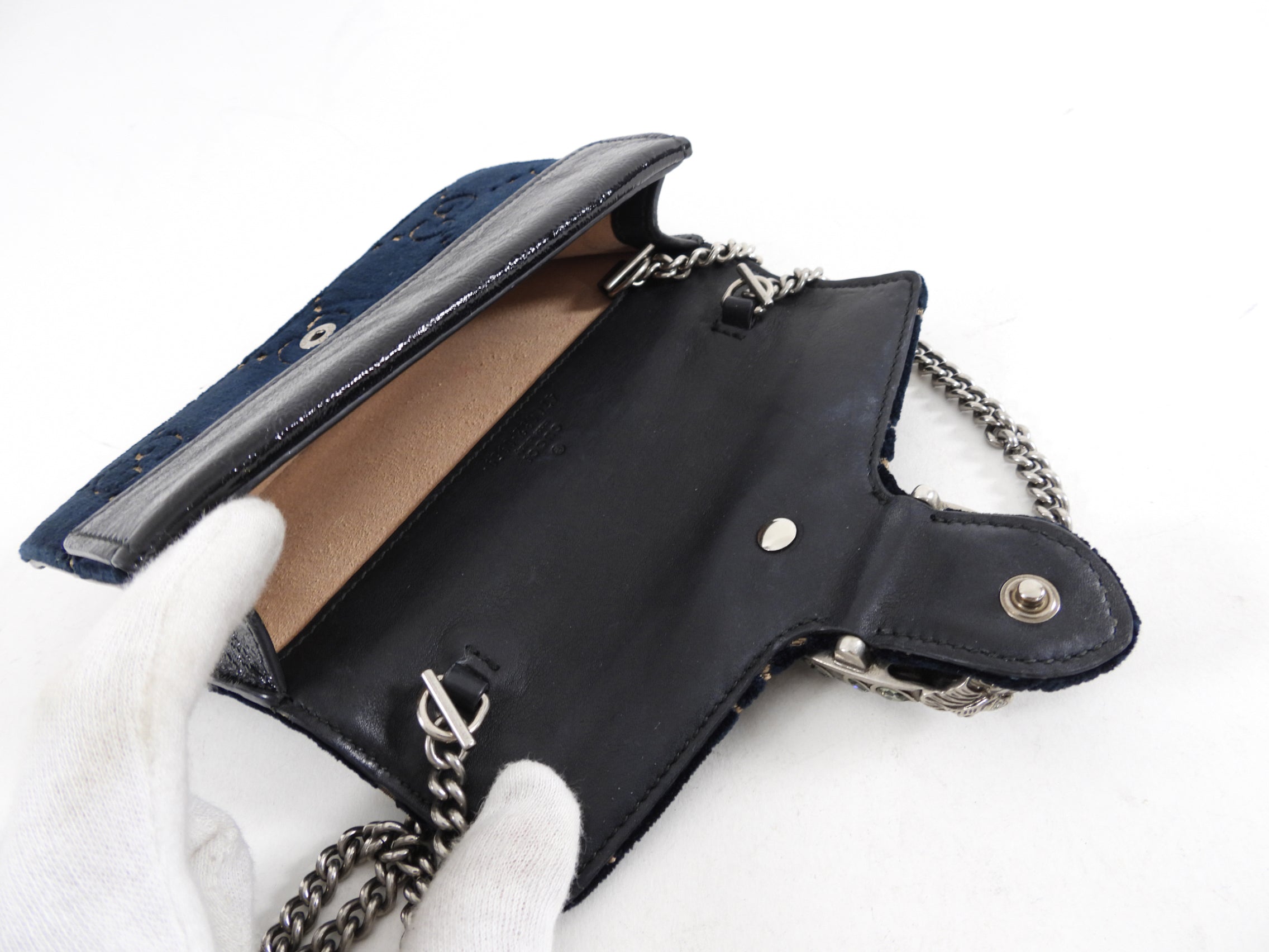 Gucci Super Mini Dionysus Navy and Gold Velvet Crossbody Bag