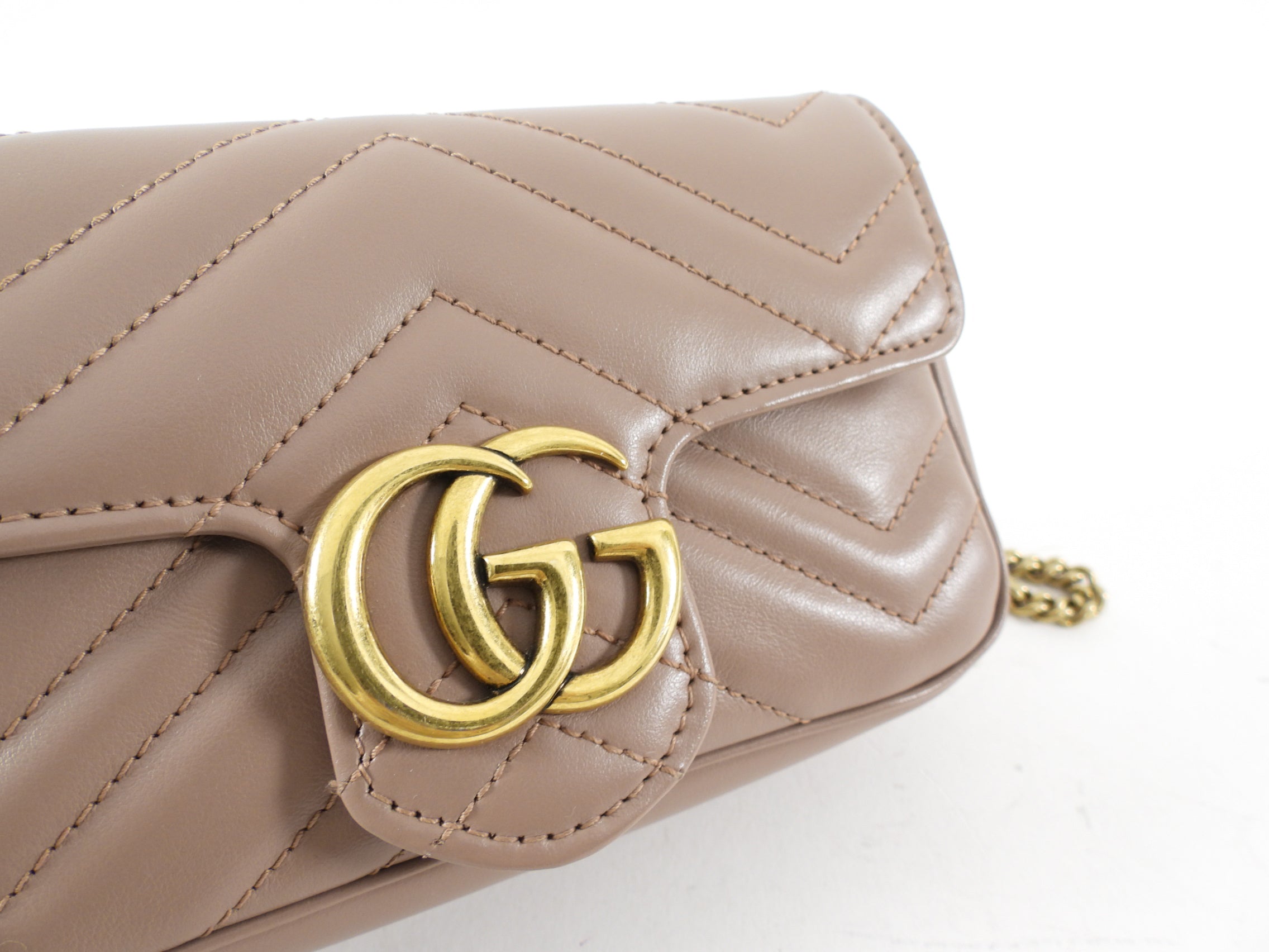 Gucci Marmont Super Mini Beige Leather Crossbody Chain Bag
