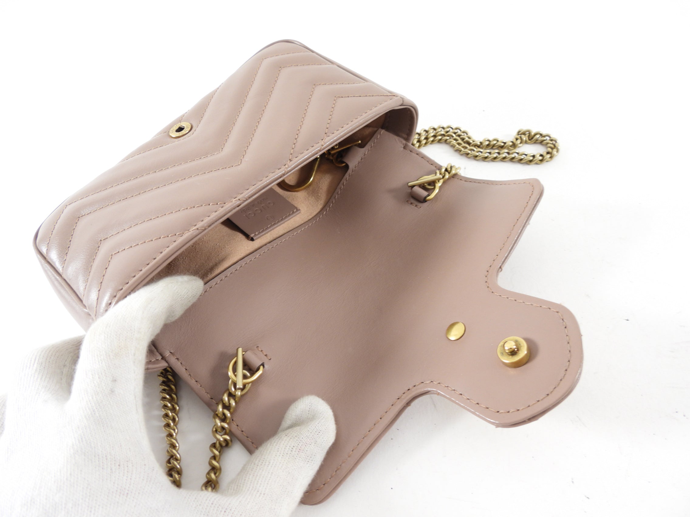 Gucci Marmont Super Mini Beige Leather Crossbody Chain Bag