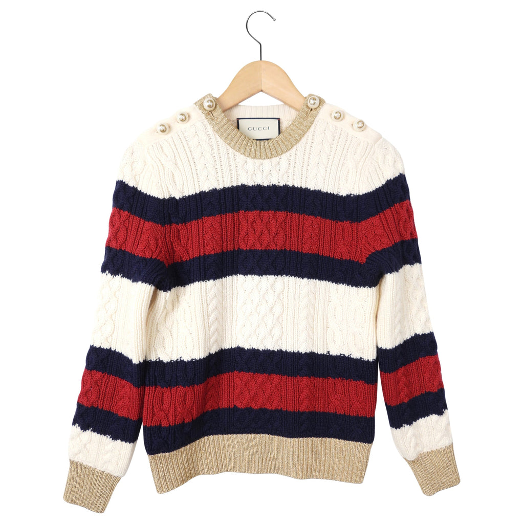 Gucci Striped Wool Knit Sweater with GG Pearl Buttons - Medium