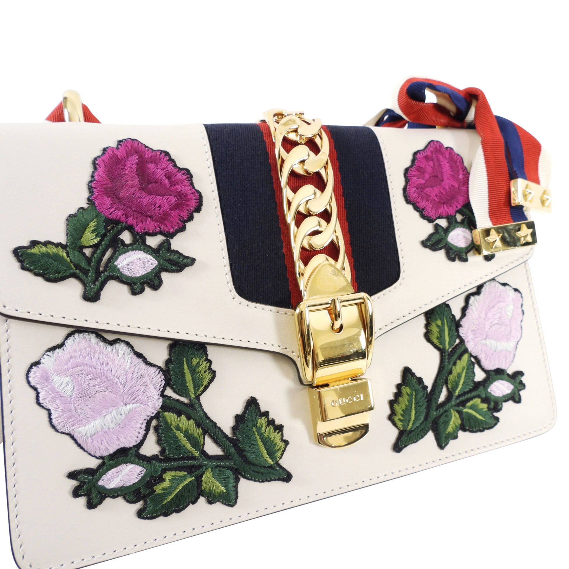 Gucci White Embroidered Floral Small Sylvie Bag
