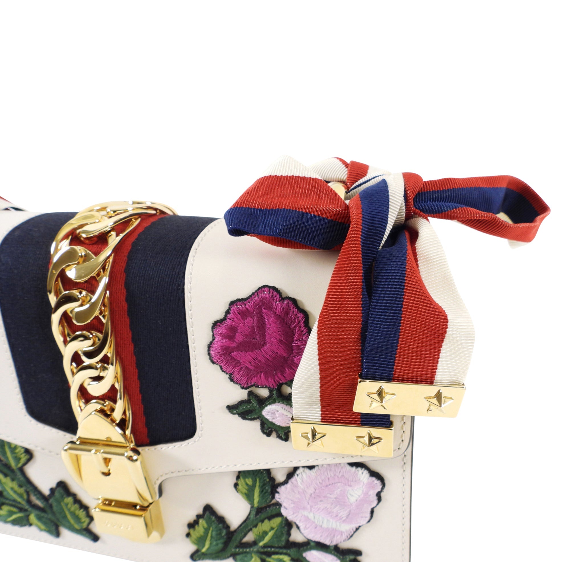 Gucci White Embroidered Floral Small Sylvie Bag