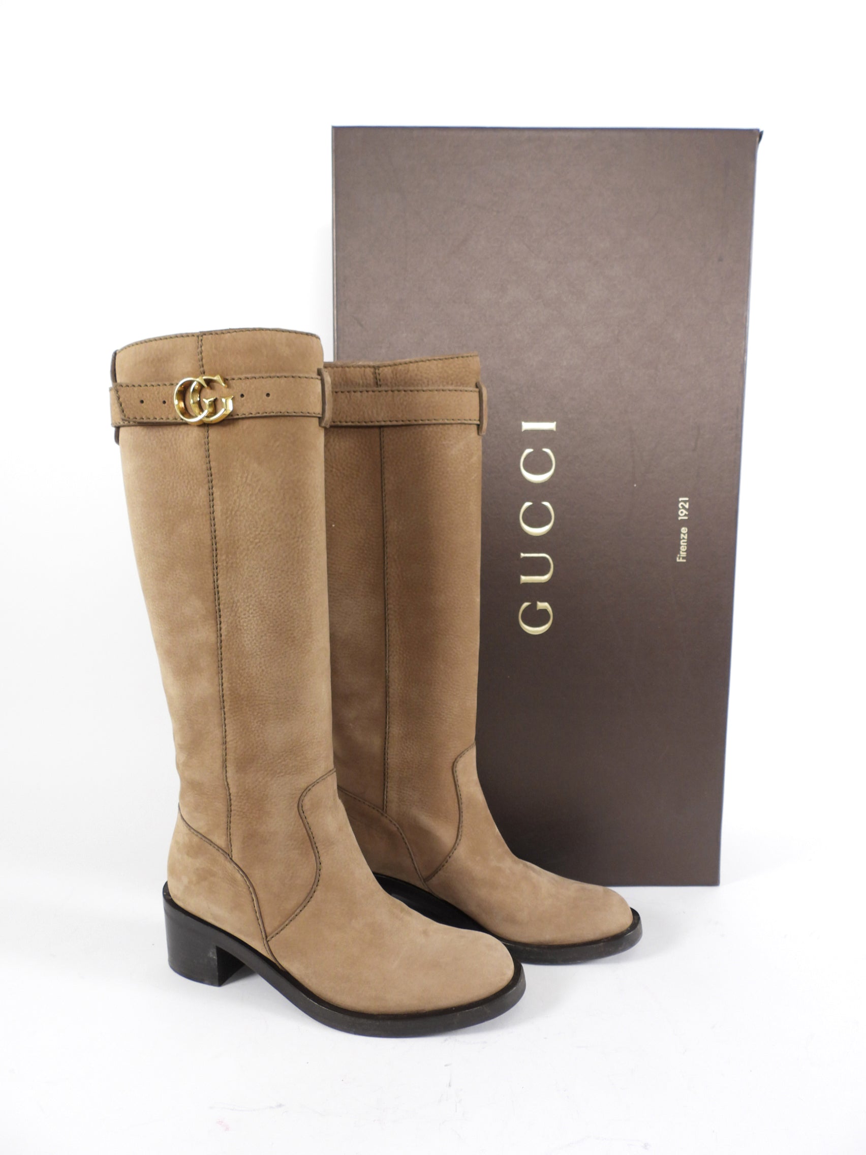 Gucci Taupe Brown Nubuck Leather Tall Boots with GG Logo - 36.5