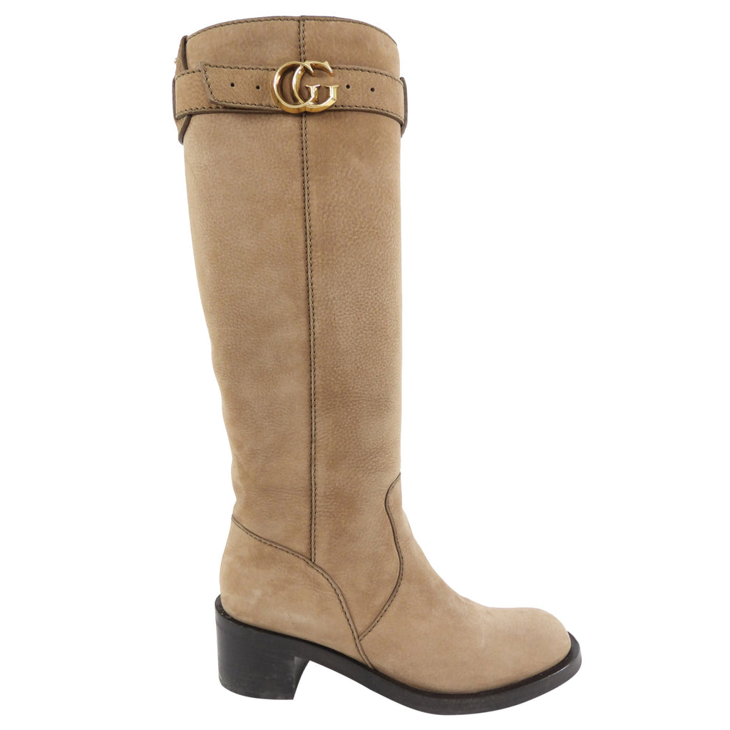 Gucci Taupe Brown Nubuck Leather Tall Boots with GG Logo - 36.5