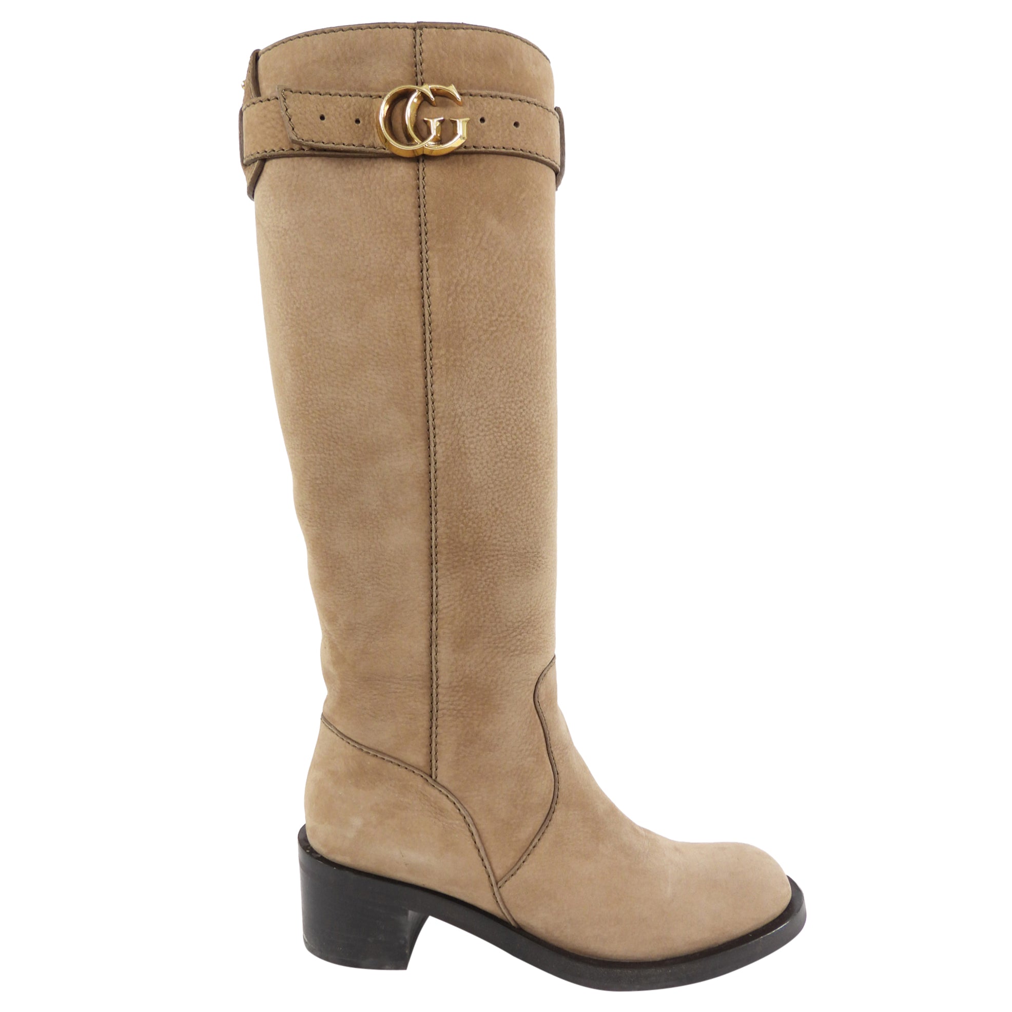 Gucci Taupe Brown Nubuck Leather Tall Boots with GG Logo - 36.5