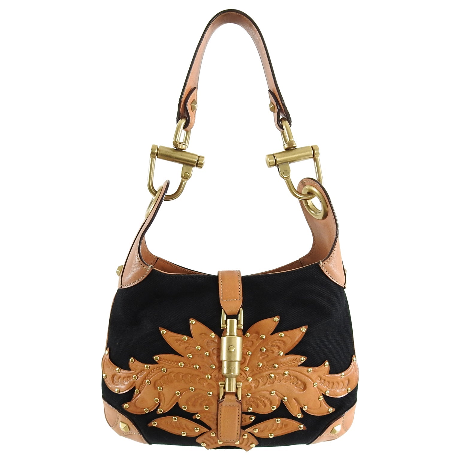 Gucci Small Black Canvas and Brown Tooled Leather New Jackie Bag