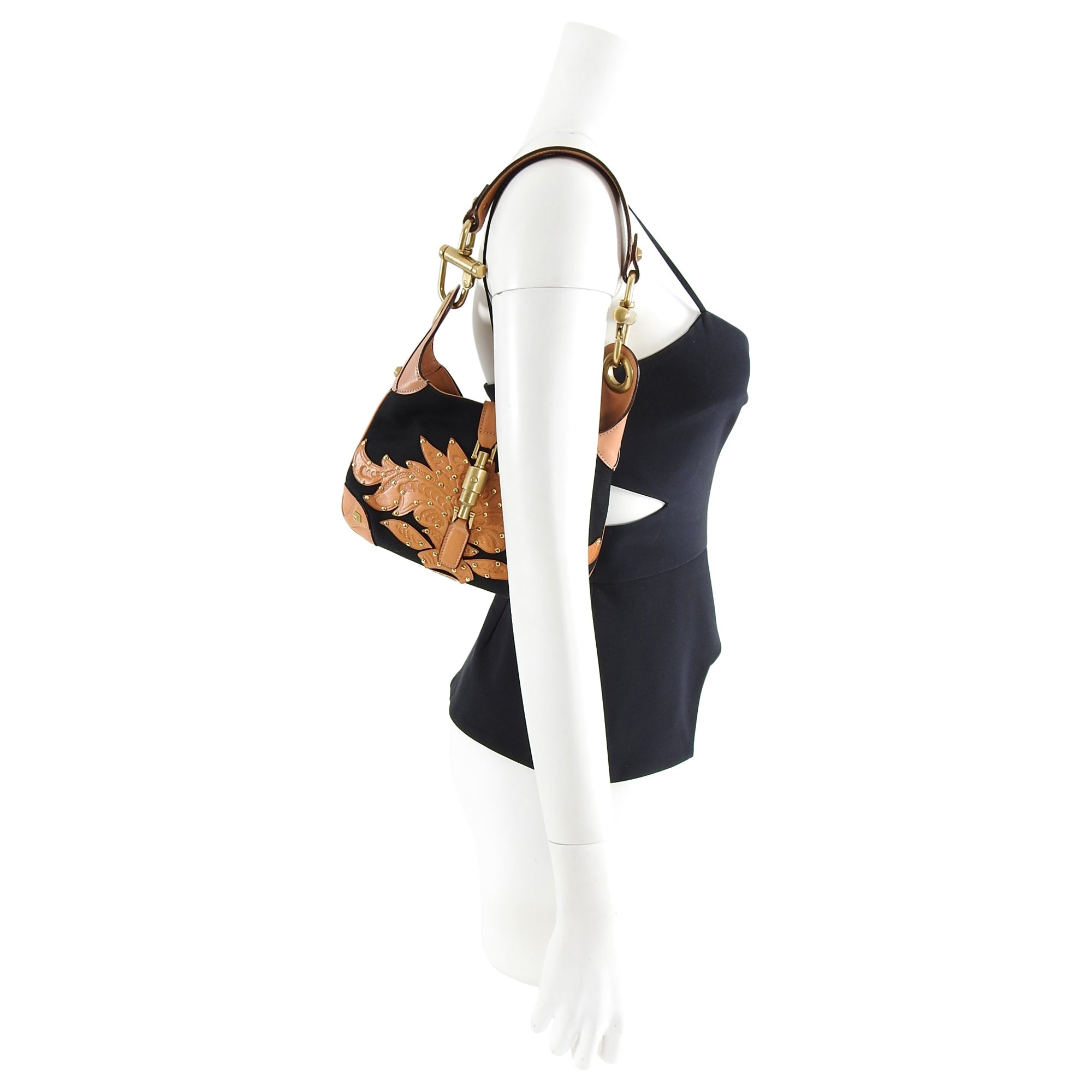 Gucci Small Black Canvas and Brown Tooled Leather New Jackie Bag