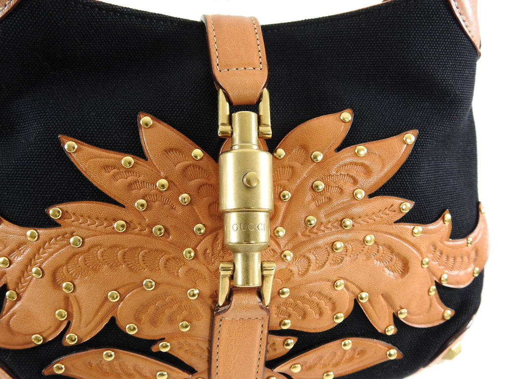 Gucci Small Black Canvas and Brown Tooled Leather New Jackie Bag