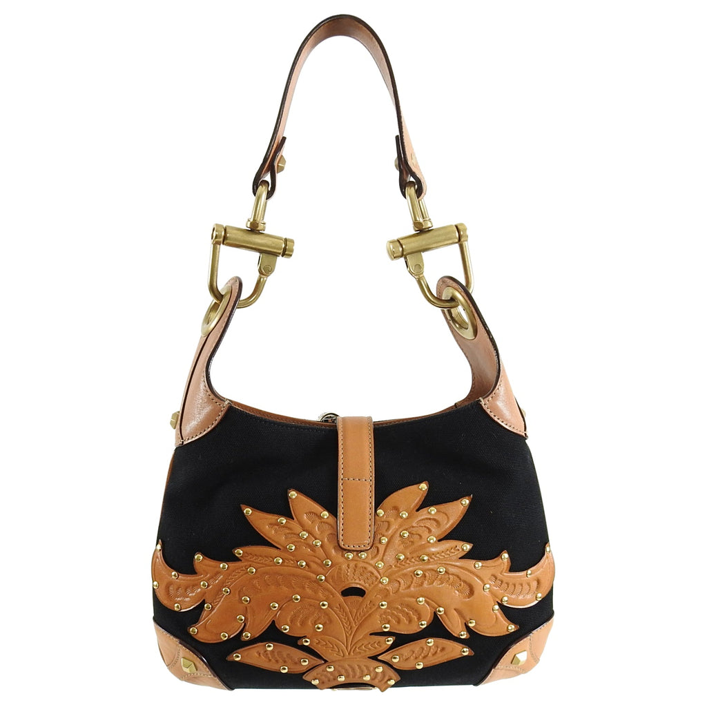 Gucci Small Black Canvas and Brown Tooled Leather New Jackie Bag