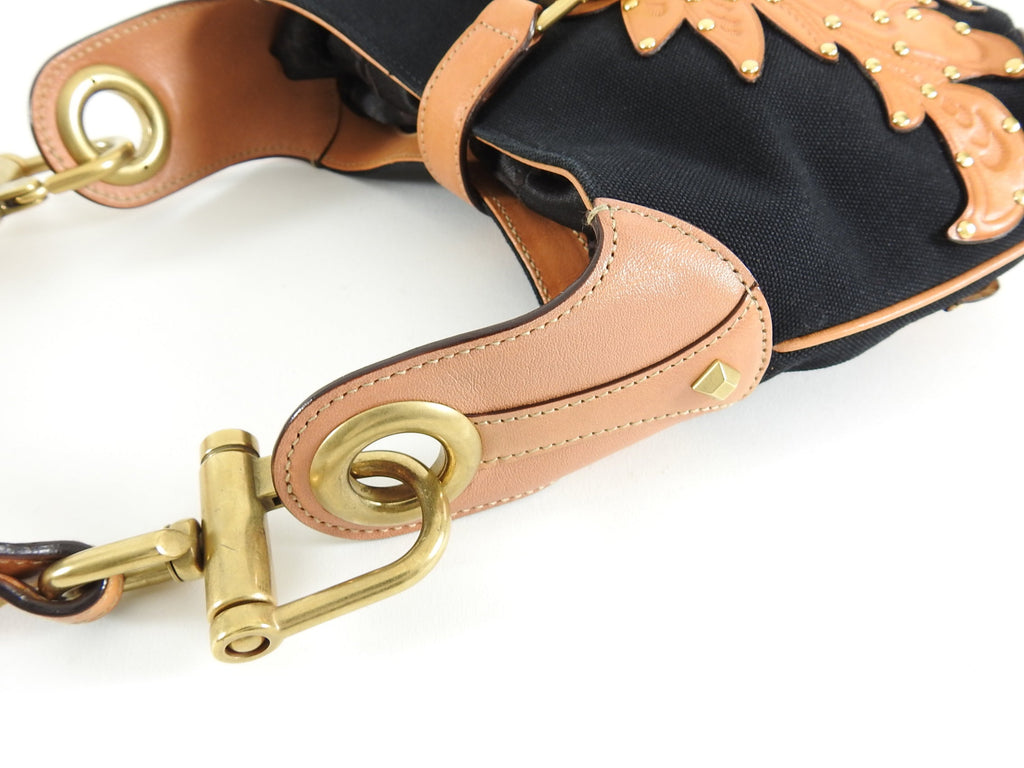 Gucci Small Black Canvas and Brown Tooled Leather New Jackie Bag