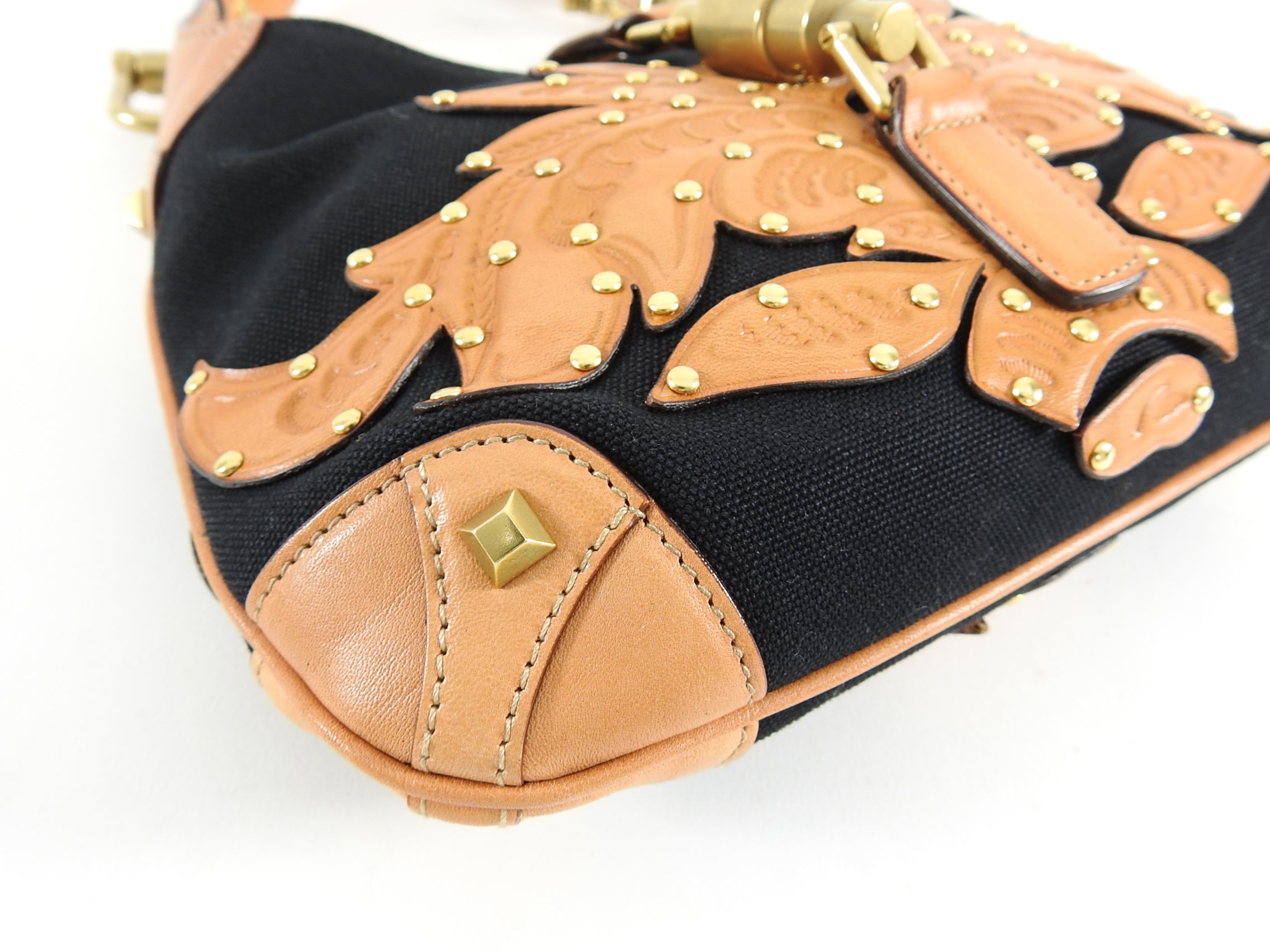 Gucci Small Black Canvas and Brown Tooled Leather New Jackie Bag