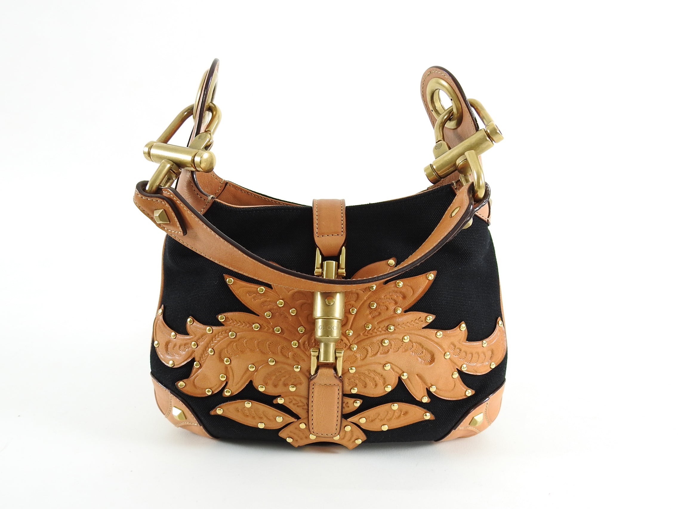 Gucci Small Black Canvas and Brown Tooled Leather New Jackie Bag