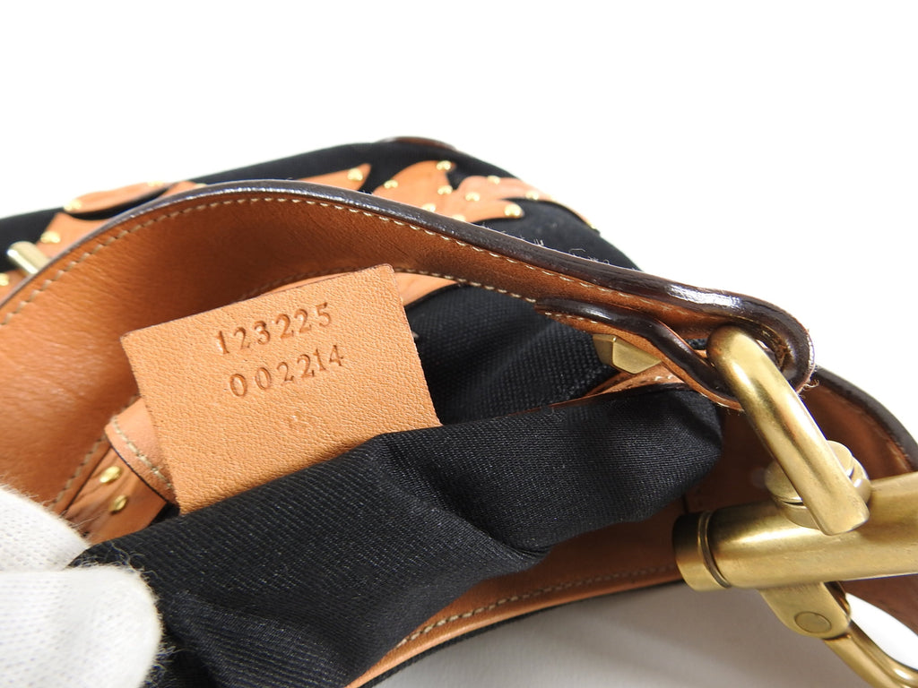 Gucci Small Black Canvas and Brown Tooled Leather New Jackie Bag