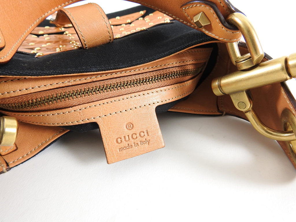 Gucci Small Black Canvas and Brown Tooled Leather New Jackie Bag