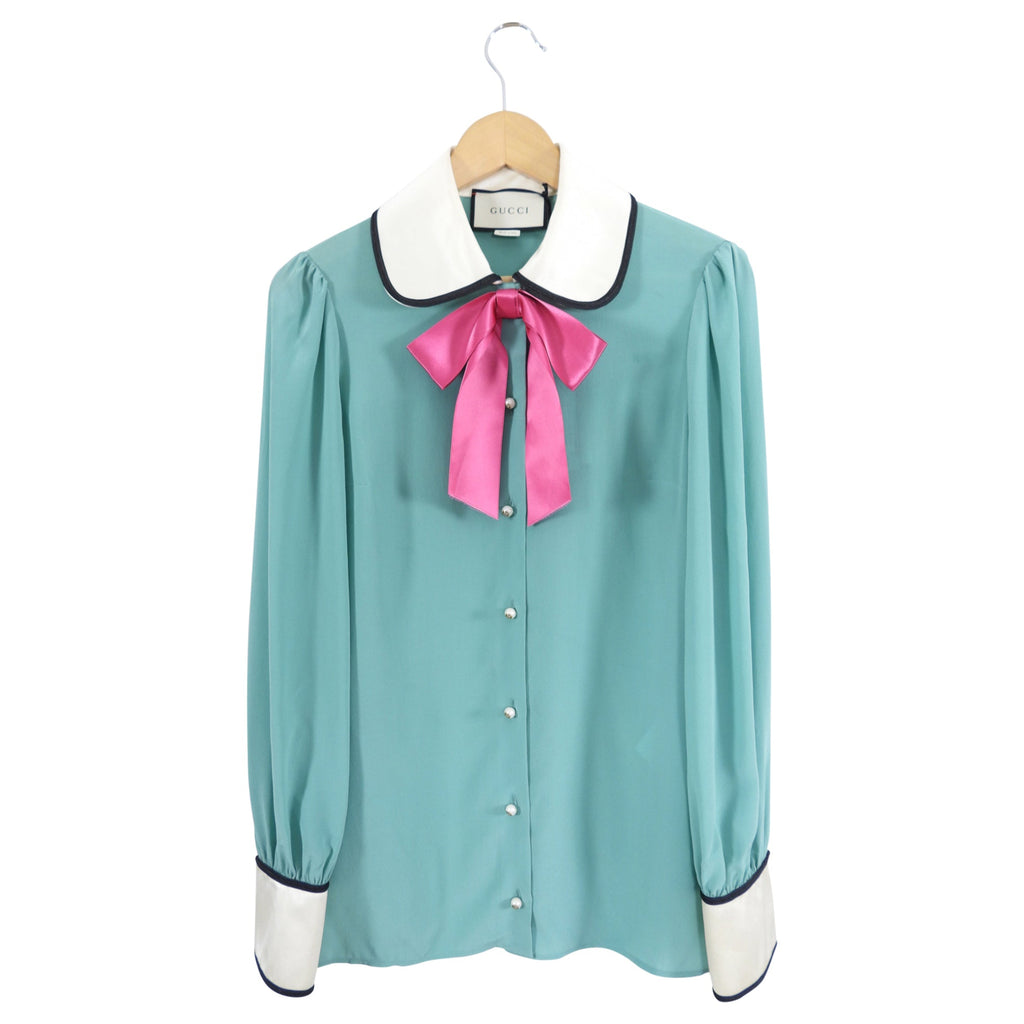 Gucci Aqua Silk Blouse with White Collar / Cuffs and Pink Bow - IT42 / 6
