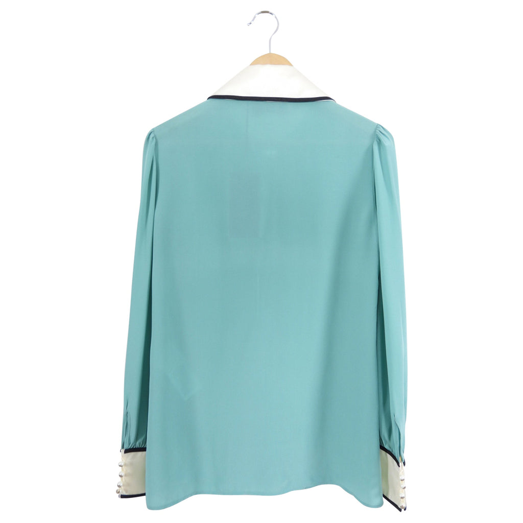 Gucci Aqua Silk Blouse with White Collar / Cuffs and Pink Bow - IT42 / 6