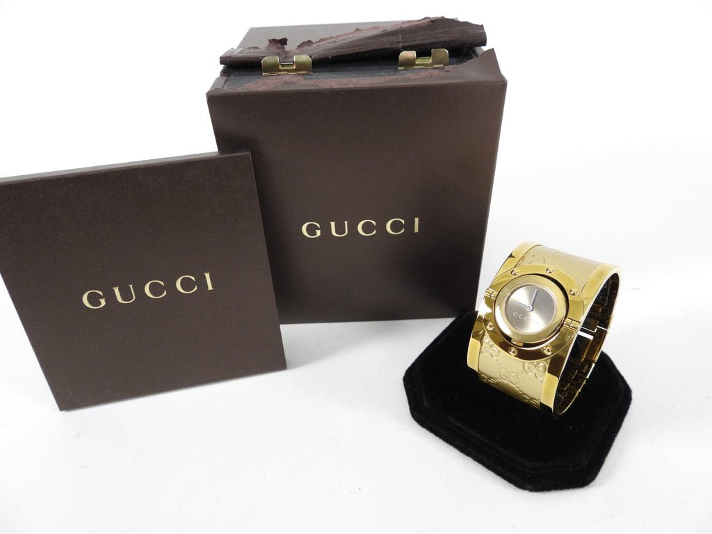 Gucci Gold Monogram Twirl Bangle Cuff Watch 112