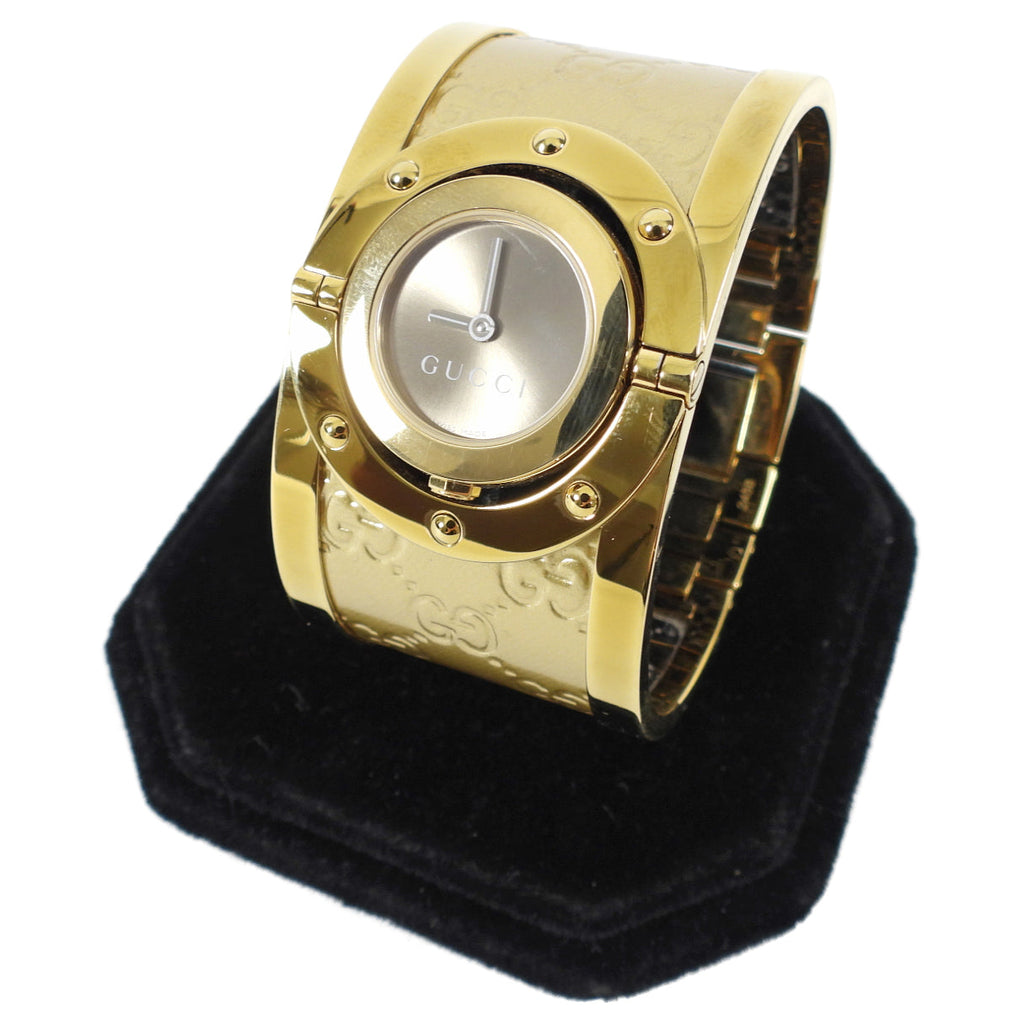 Gucci Gold Monogram Twirl Bangle Cuff Watch 112