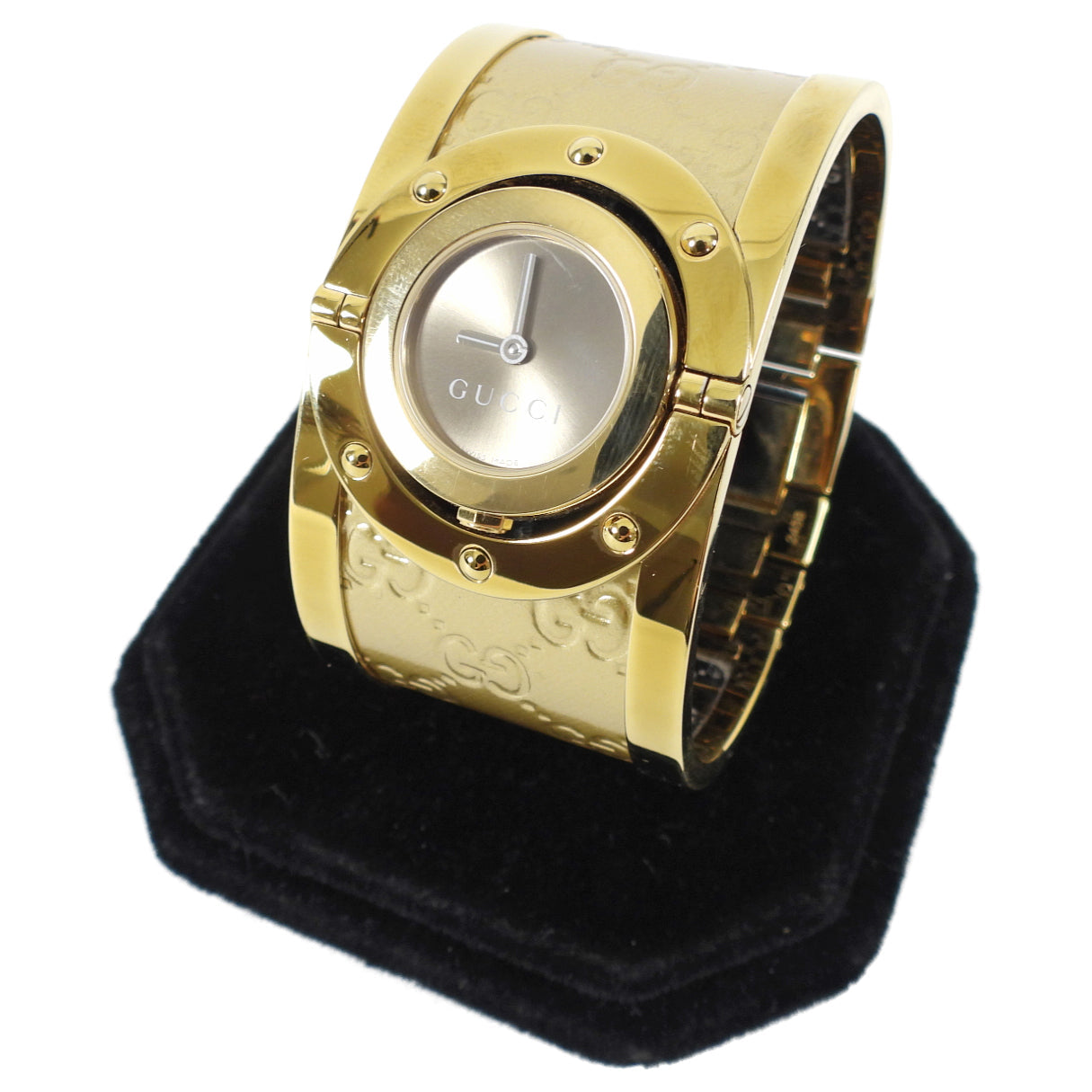 Gucci Gold Monogram Twirl Bangle Cuff Watch 112