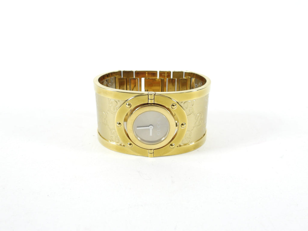 Gucci Gold Monogram Twirl Bangle Cuff Watch 112