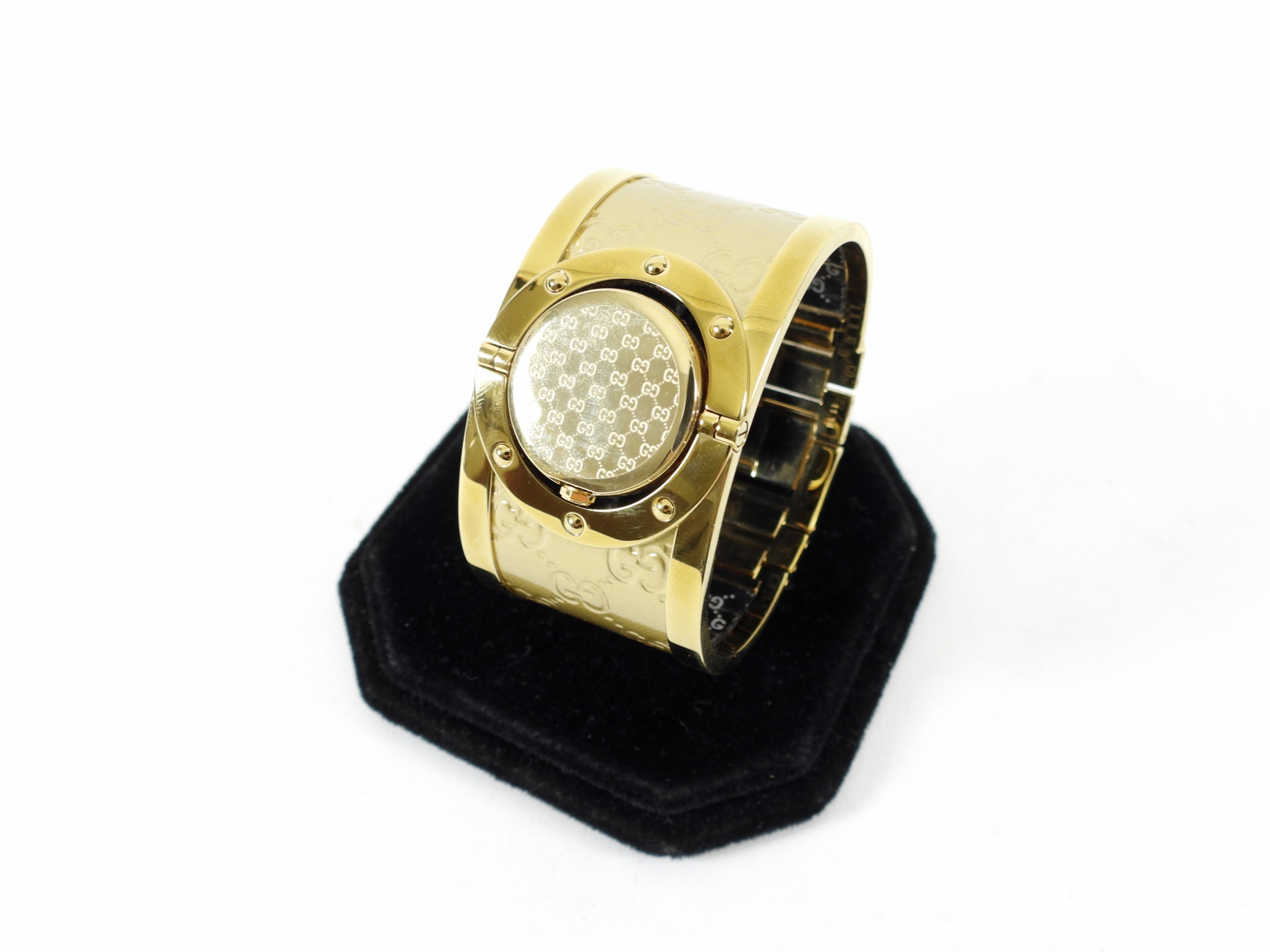 Gucci Gold Monogram Twirl Bangle Cuff Watch 112