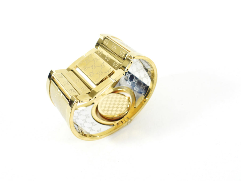 Gucci Gold Monogram Twirl Bangle Cuff Watch 112