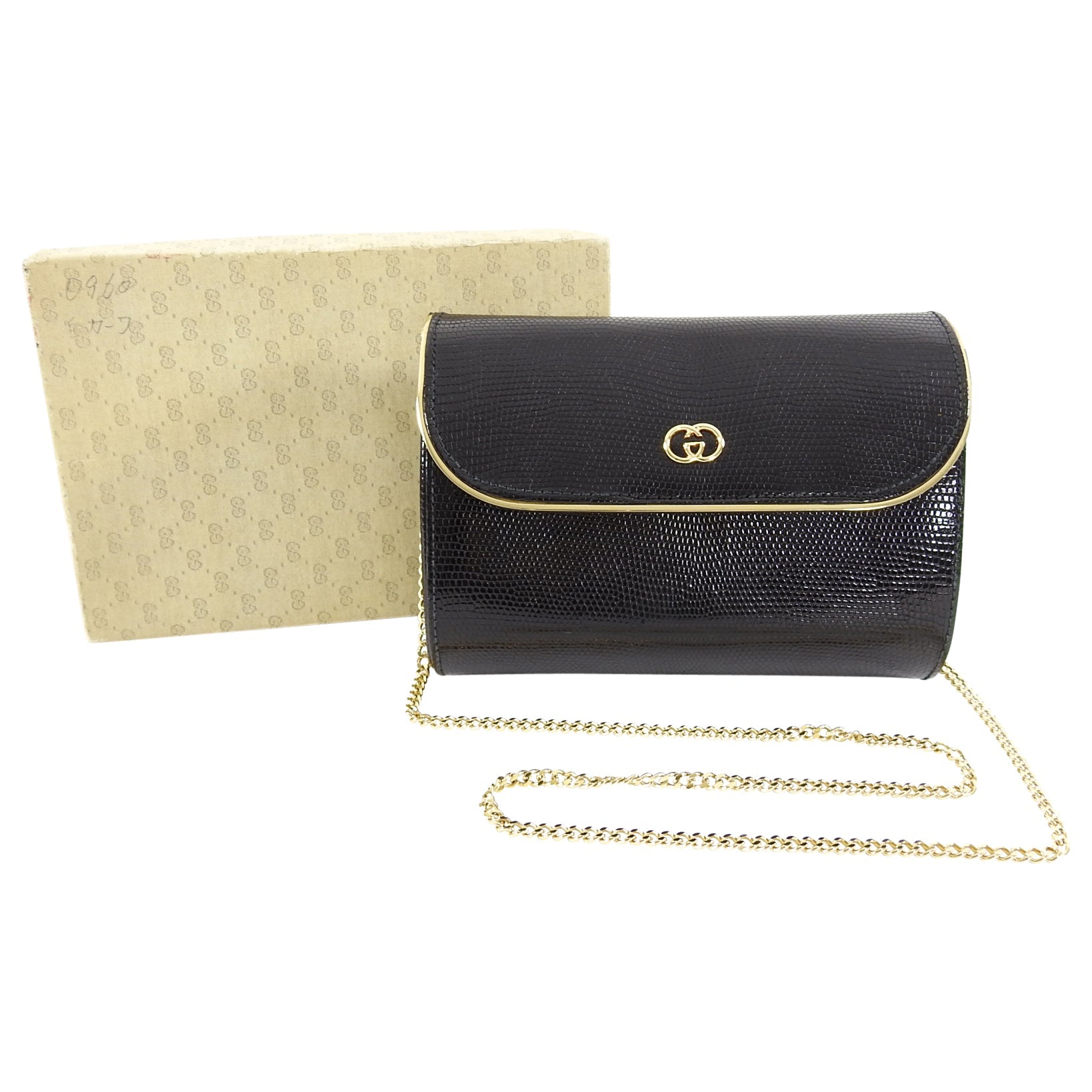 Gucci Vintage 1980’s Black Lizard Chain Strap Evening Bag