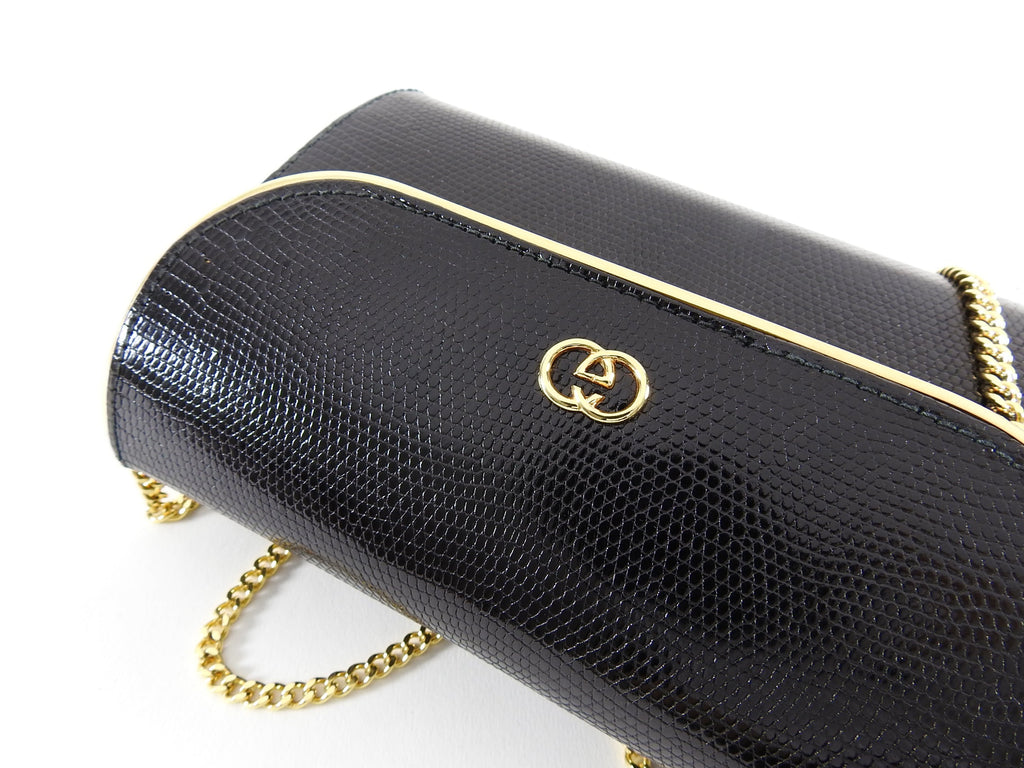 Gucci Vintage 1980’s Black Lizard Chain Strap Evening Bag