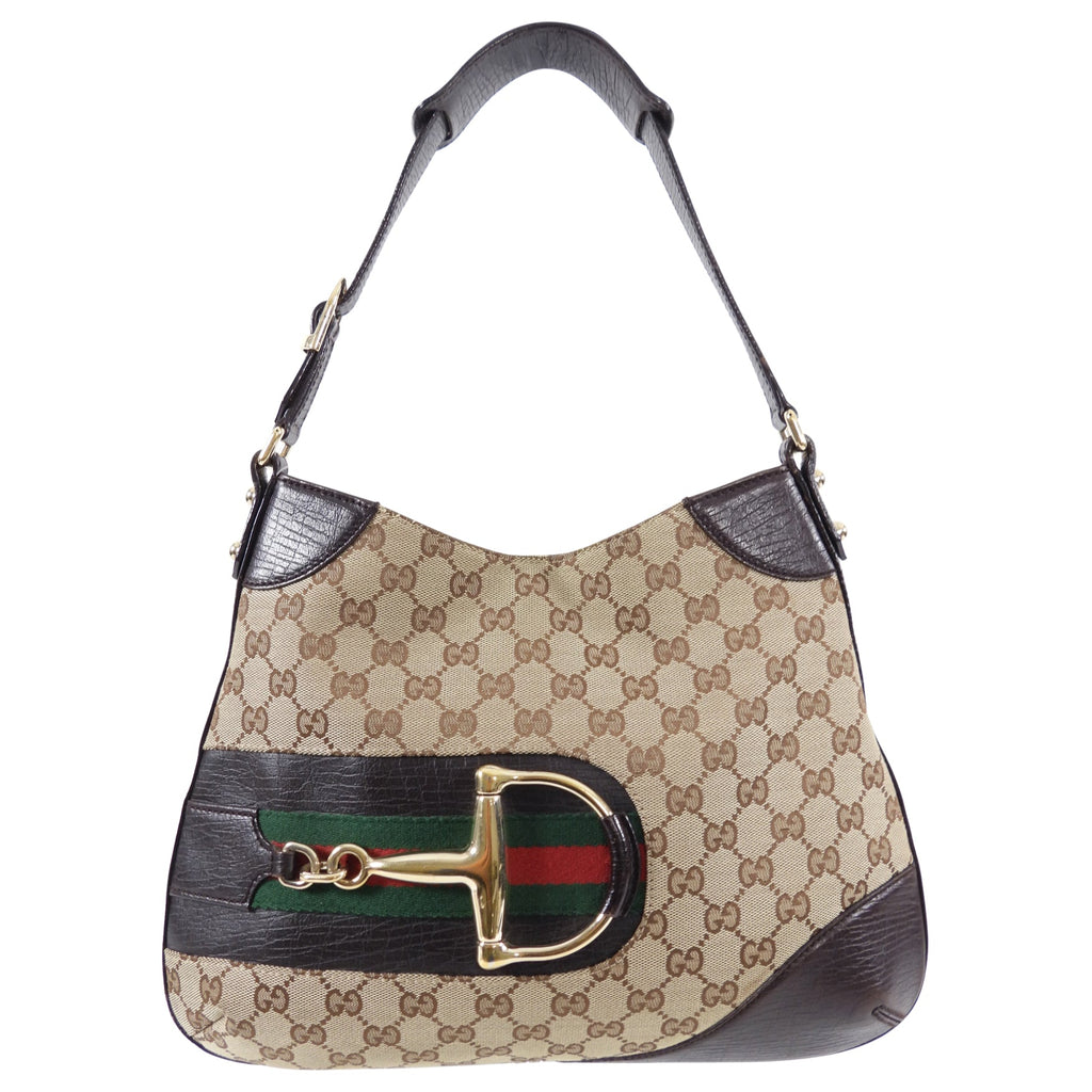 Gucci Monogram Canvas Web Horsebit Hasler Hobo Bag