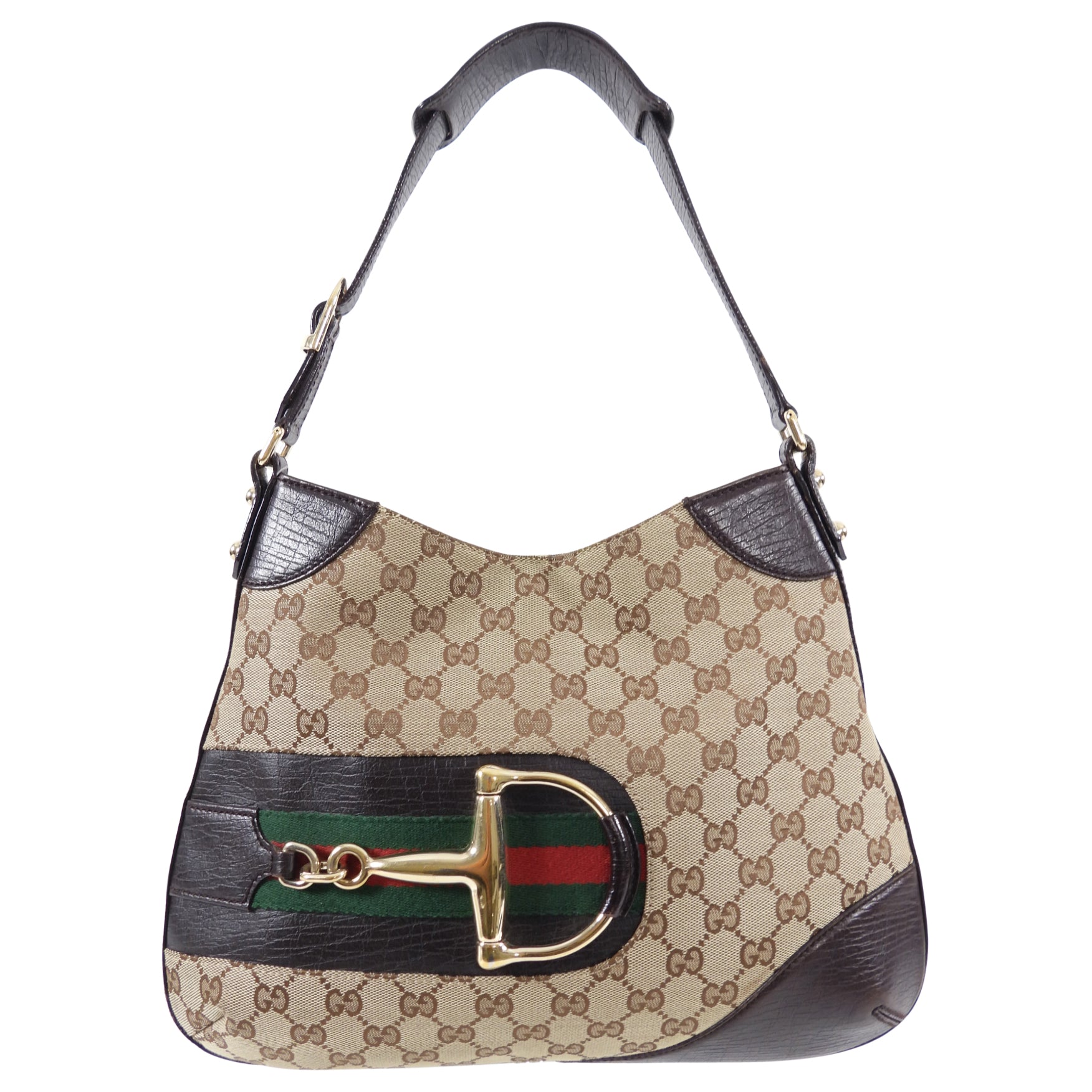 Gucci Monogram Canvas Web Horsebit Hasler Hobo Bag