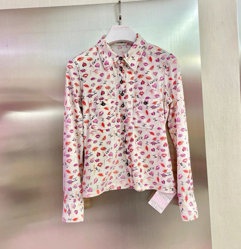 CHANEL Lips Front Opening Long Sleeve Tops Shirt White Pink