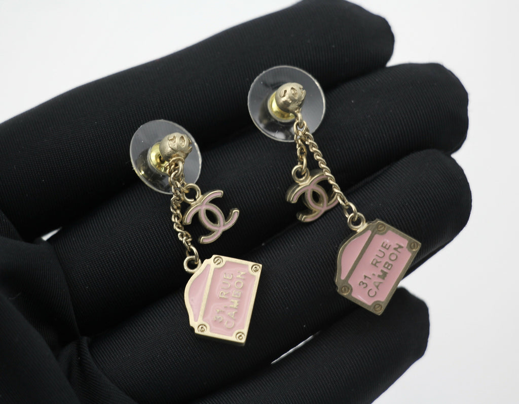 Chanel Vintage 01 Enamel Pink Purse Rue Cambon CC Dangle Stud Earrings