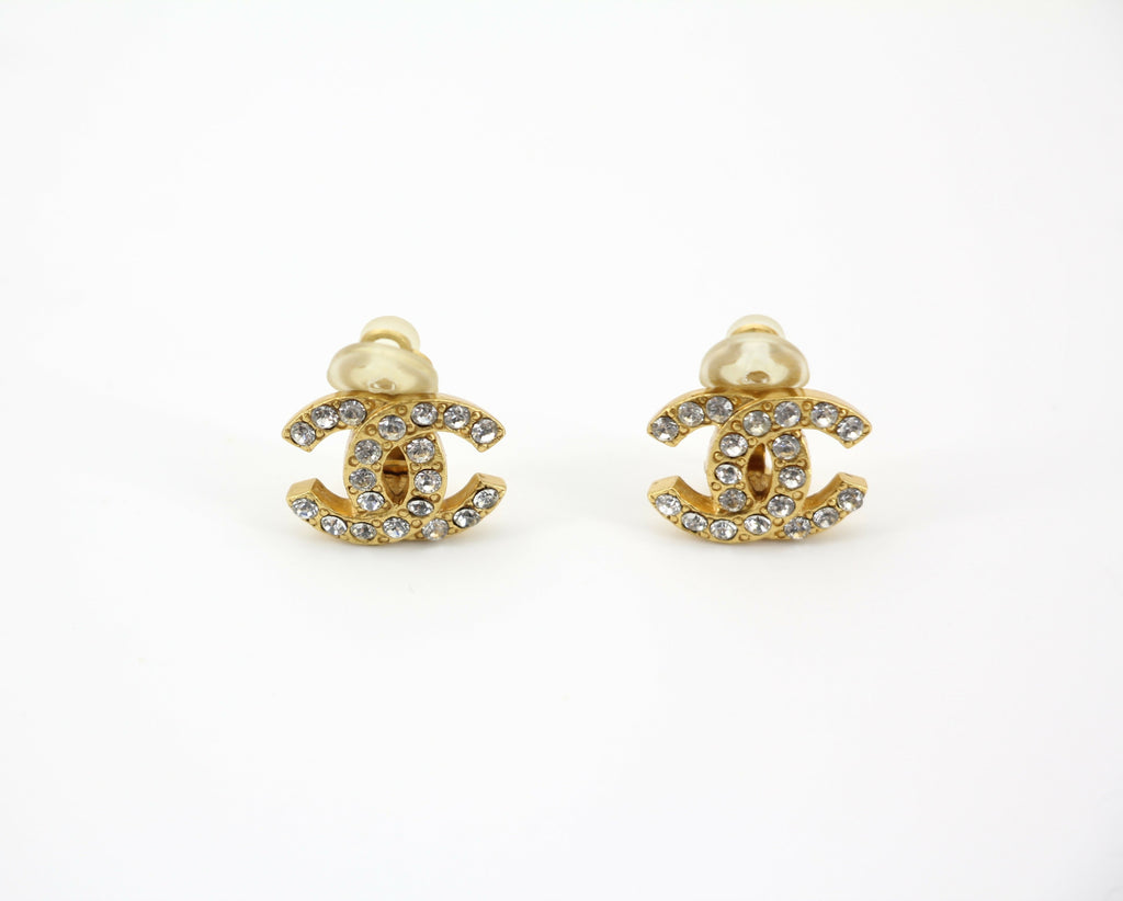 Chanel Vintage 02A Rhinestone Gold-plated CC Mark Clip-on Earrings