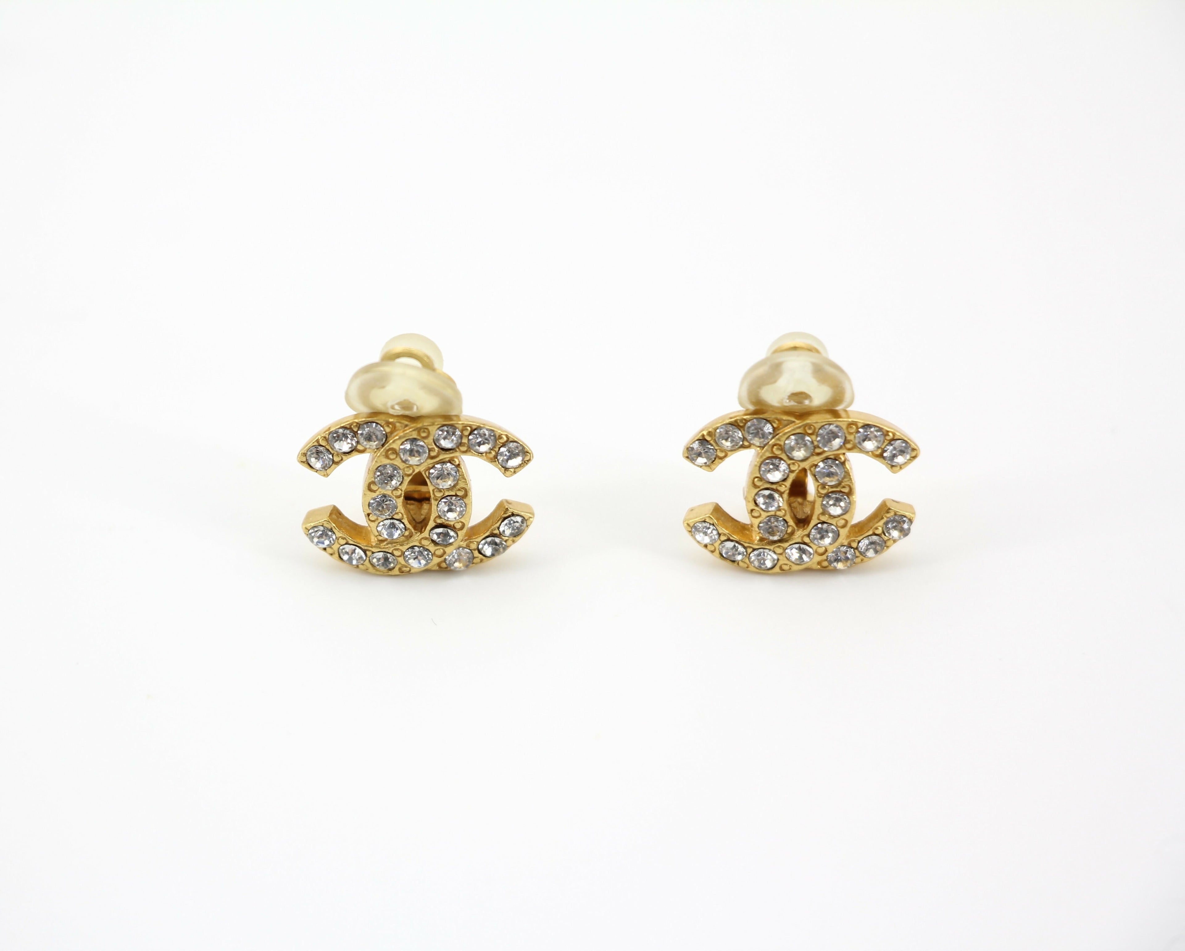 Chanel Vintage 02A Rhinestone Gold-plated CC Mark Clip-on Earrings