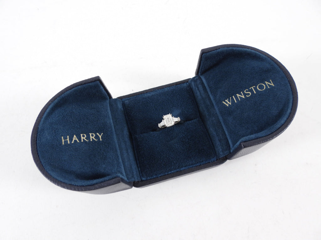 Harry Winston Platinum 1.01CT Emerald Cut Three Stone Diamond Engagement Ring