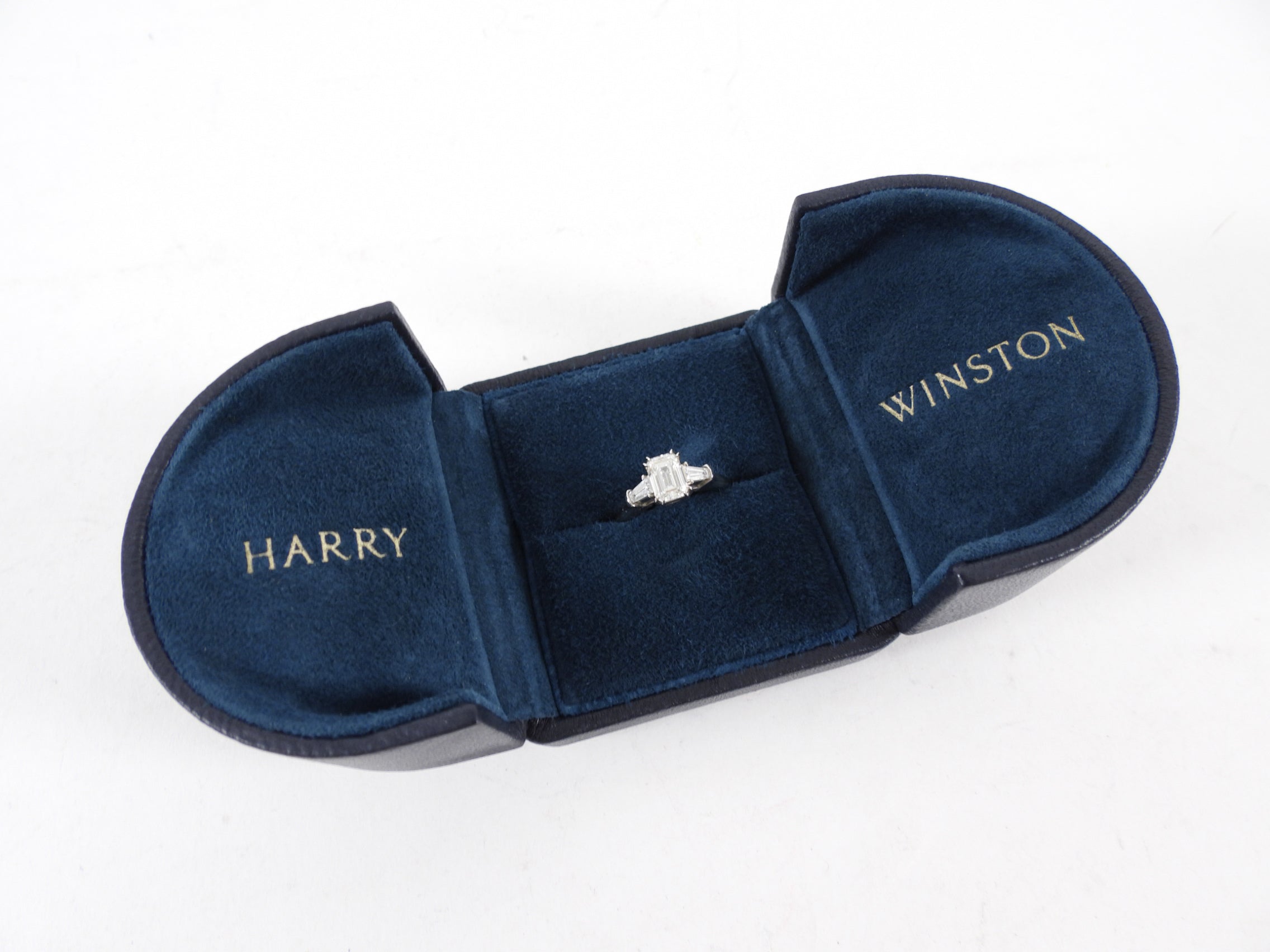 Harry Winston Platinum 1.01CT Emerald Cut Three Stone Diamond Engagement Ring