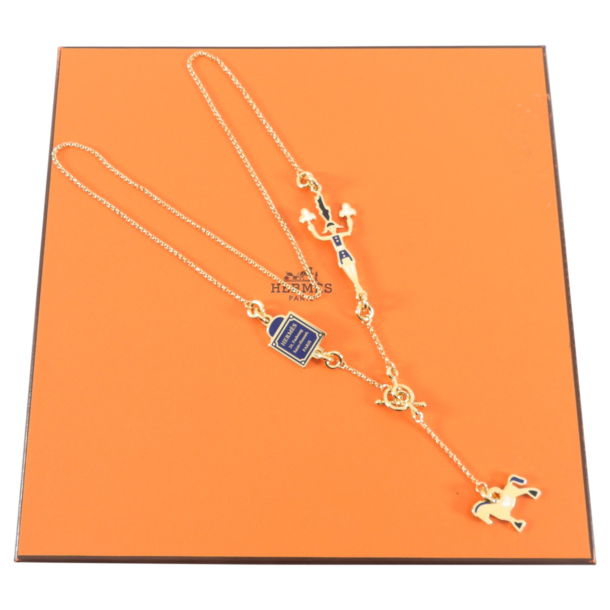 Hermes Grande Parade Cheval Gold and Blue Enamel Necklace