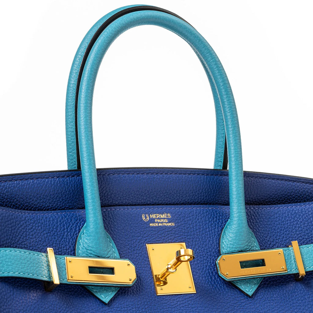 Hermès Special Order HSS Horseshoe Birkin 30 Blue Electric and Blue Turquoise Togo Gold Hardware