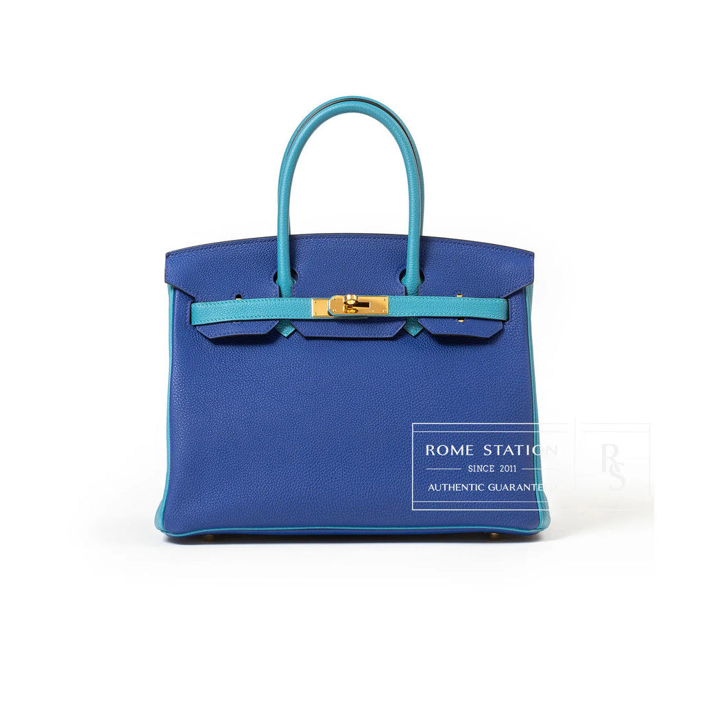 Hermès Special Order HSS Horseshoe Birkin 30 Blue Electric and Blue Turquoise Togo Gold Hardware