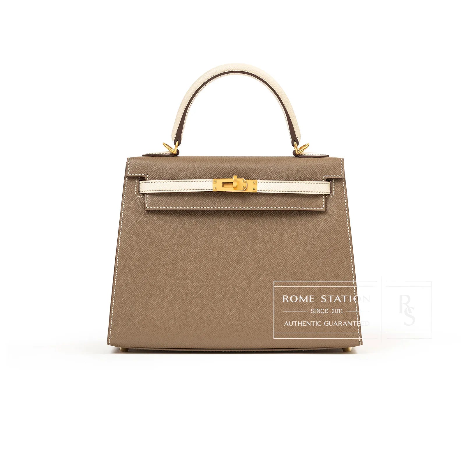Hermès Special Order HSS Horseshoe Kelly 25 Sellier Etoupe/Craie Epsom Brushed Gold Hardware