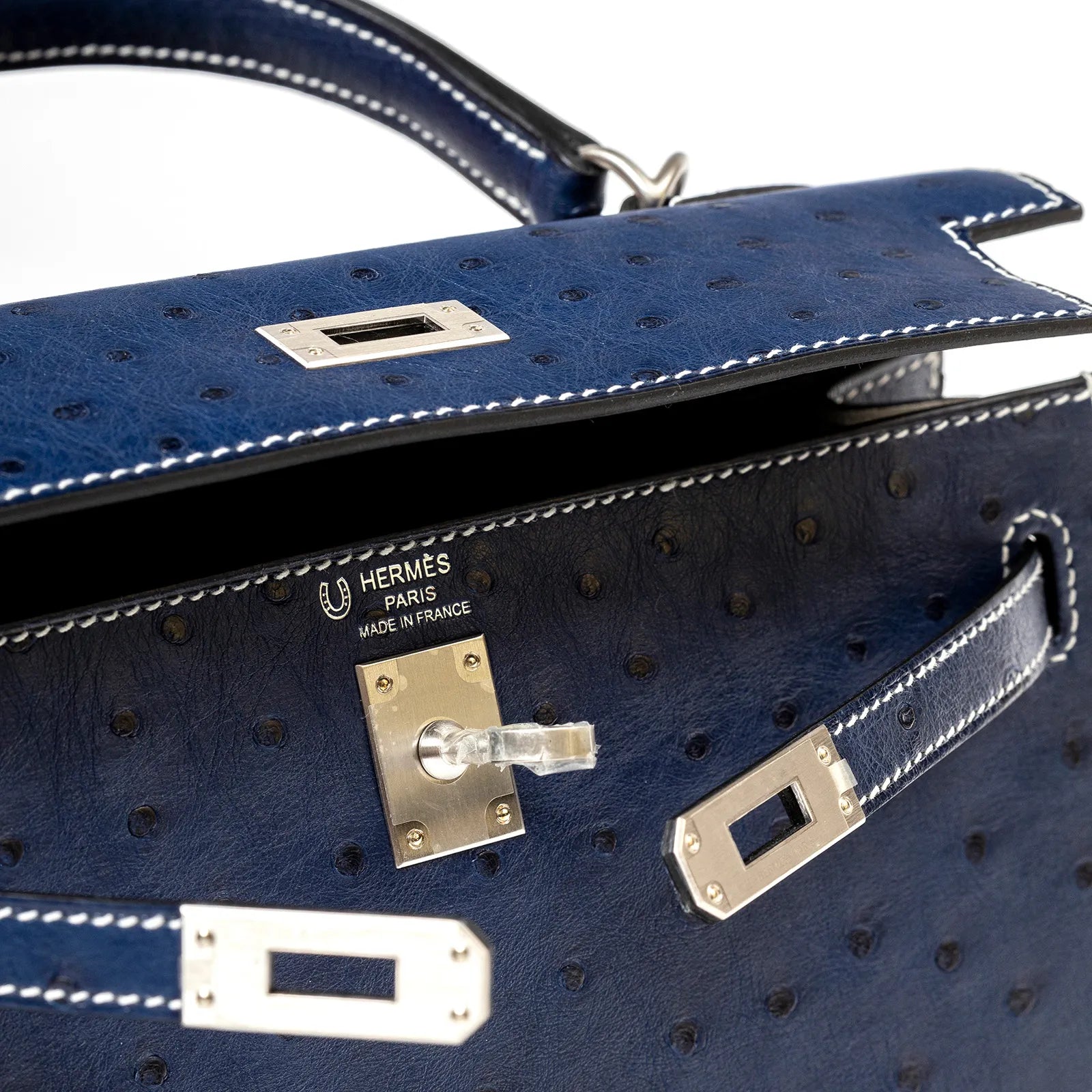 Hermès Special Order HSS Horseshoe Kelly 25 Sellier Ostrich Blue Iris/Gris Brushed Palladium Hardware