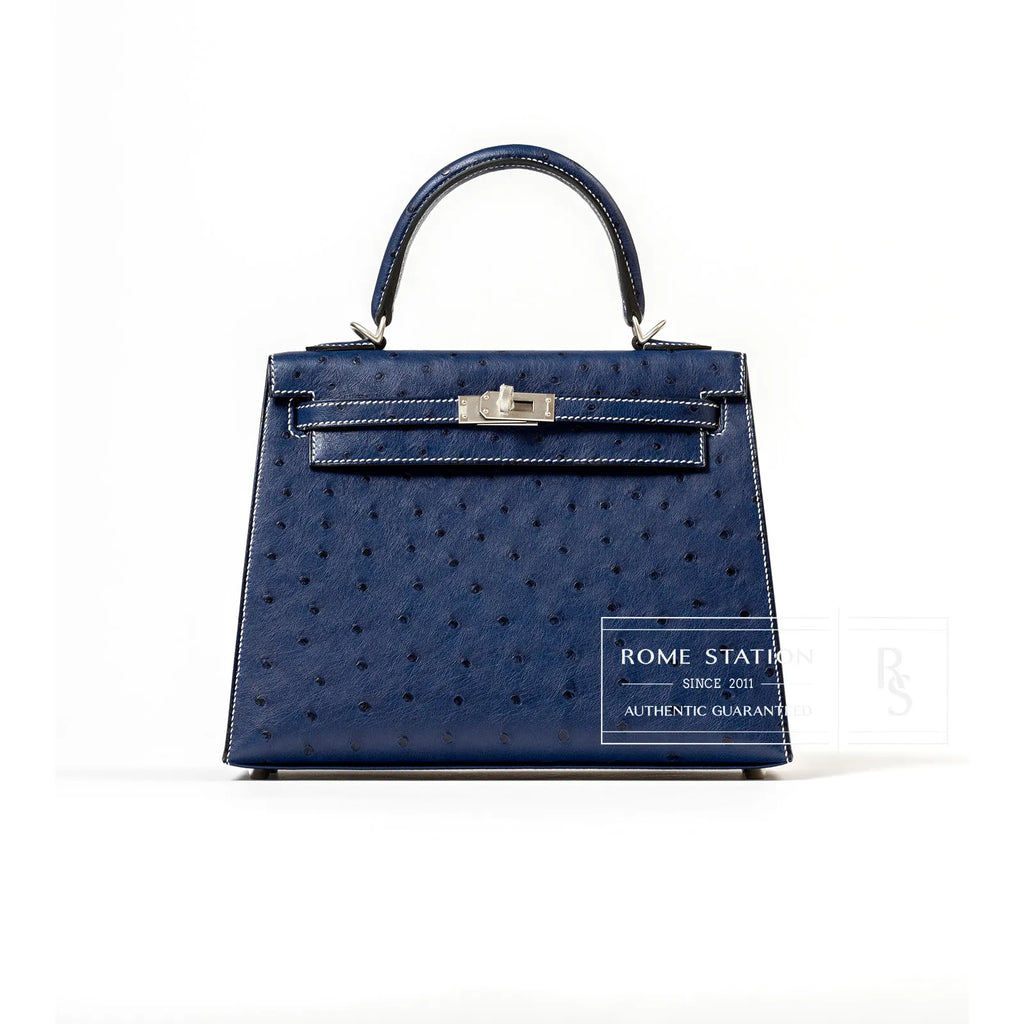 Hermès Special Order HSS Horseshoe Kelly 25 Sellier Ostrich Blue Iris/Gris Brushed Palladium Hardware
